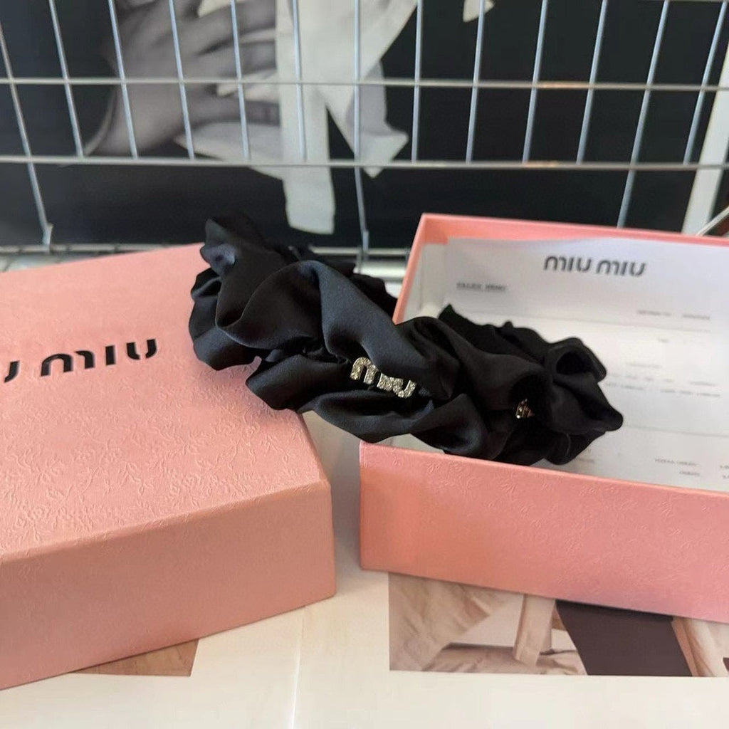 CHANEL CRYSTAL LOGO HEADBAND IN BLACK WRINKLED SILK 412522