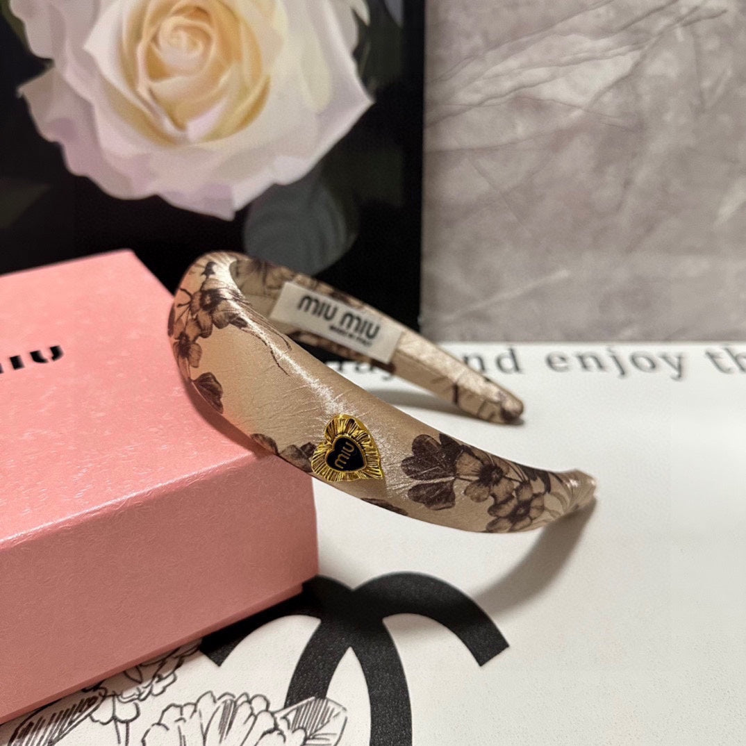 CHANEL SILK THICK HEADBAND LIGHT BROWN FLOWER PRINT 239957