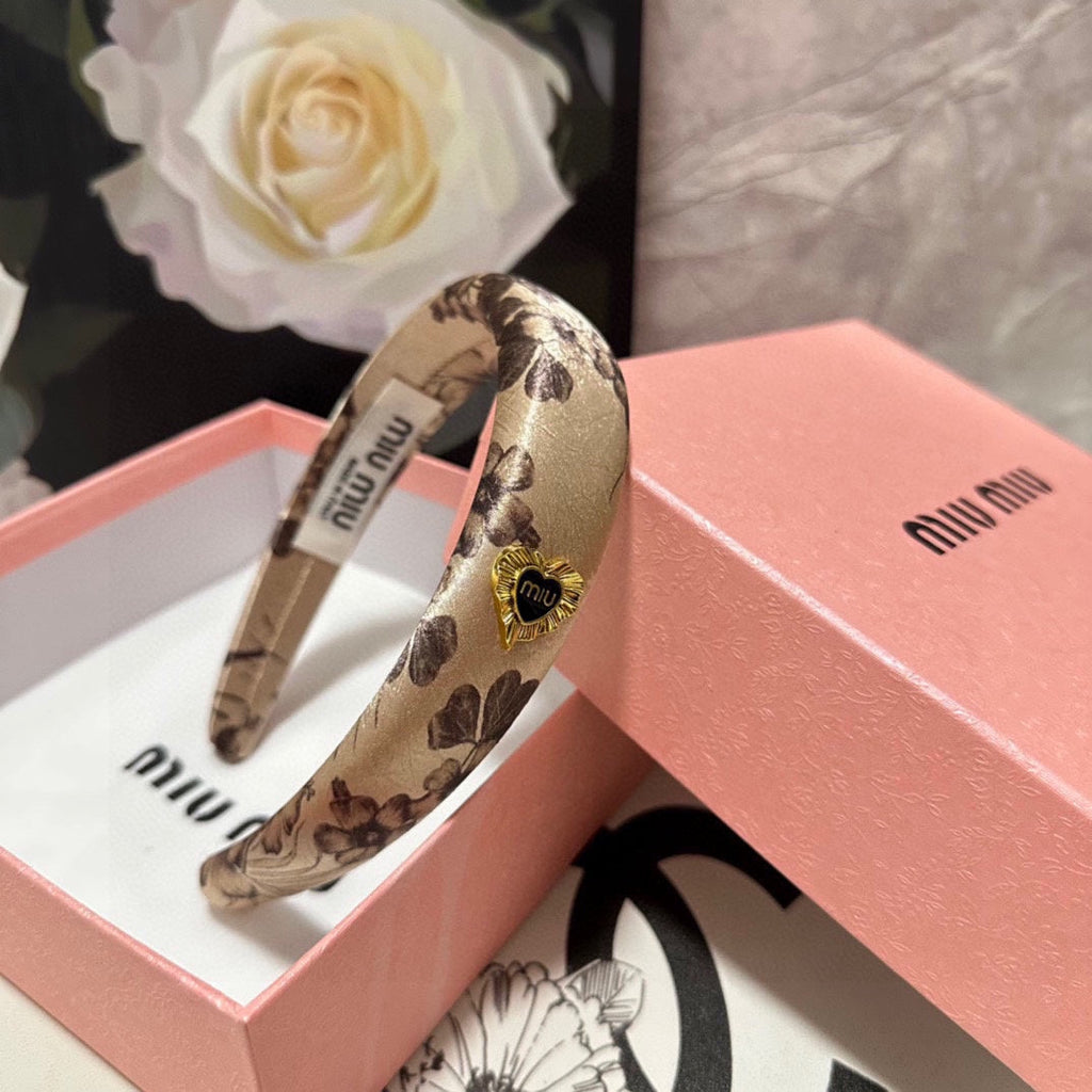 CHANEL SILK THICK HEADBAND LIGHT BROWN FLOWER PRINT 239957