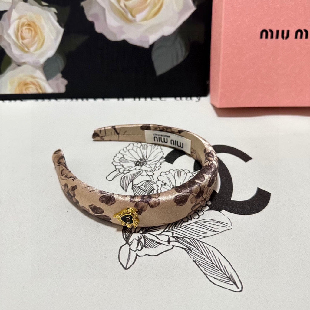 CHANEL SILK THICK HEADBAND LIGHT BROWN FLOWER PRINT 239957
