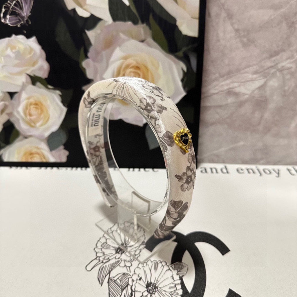 CHANEL SILK THICK HEADBAND WHITE FLOWER PRINT 239958