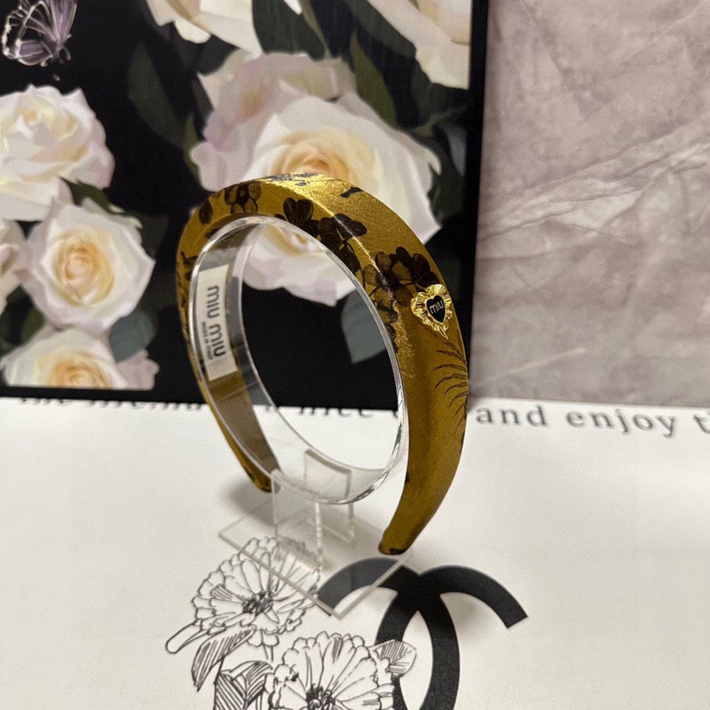 CHANEL SILK THICK HEADBAND DIJON YELLOW FLOWER PRINT 239959