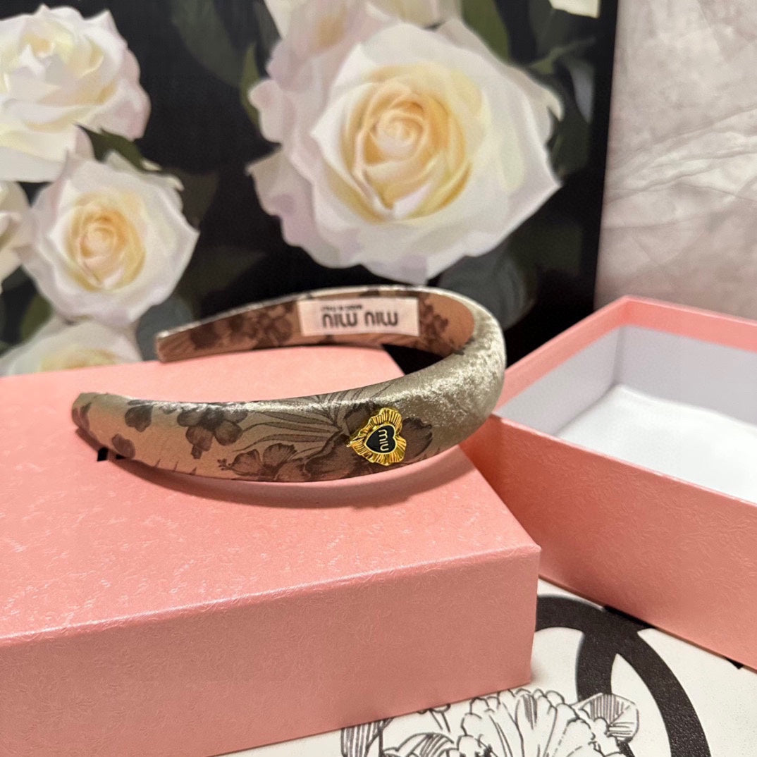 CHANEL SILK THICK HEADBAND DARK BEIGE FLOWER PRINT 239960