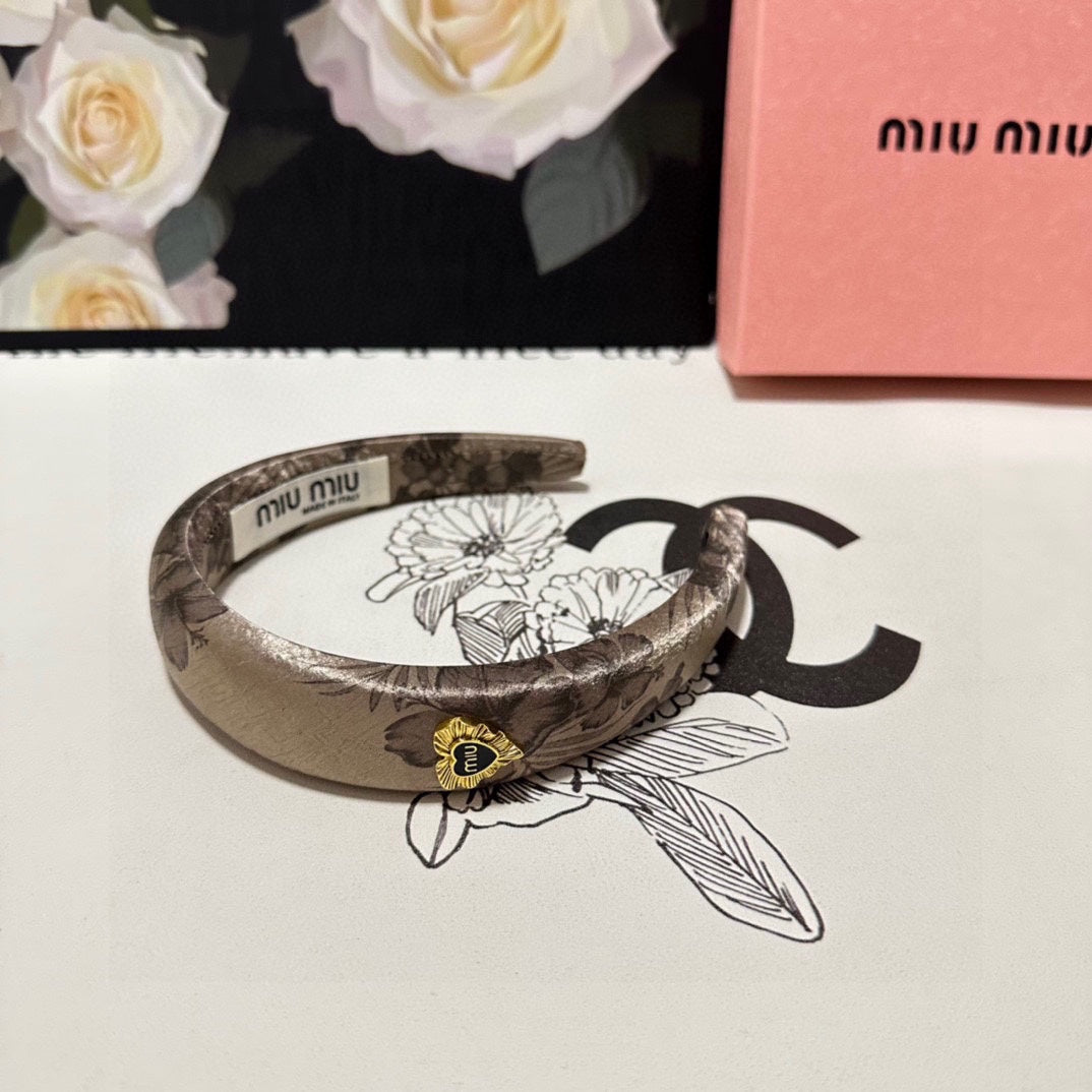CHANEL SILK THICK HEADBAND DARK BEIGE FLOWER PRINT 239960