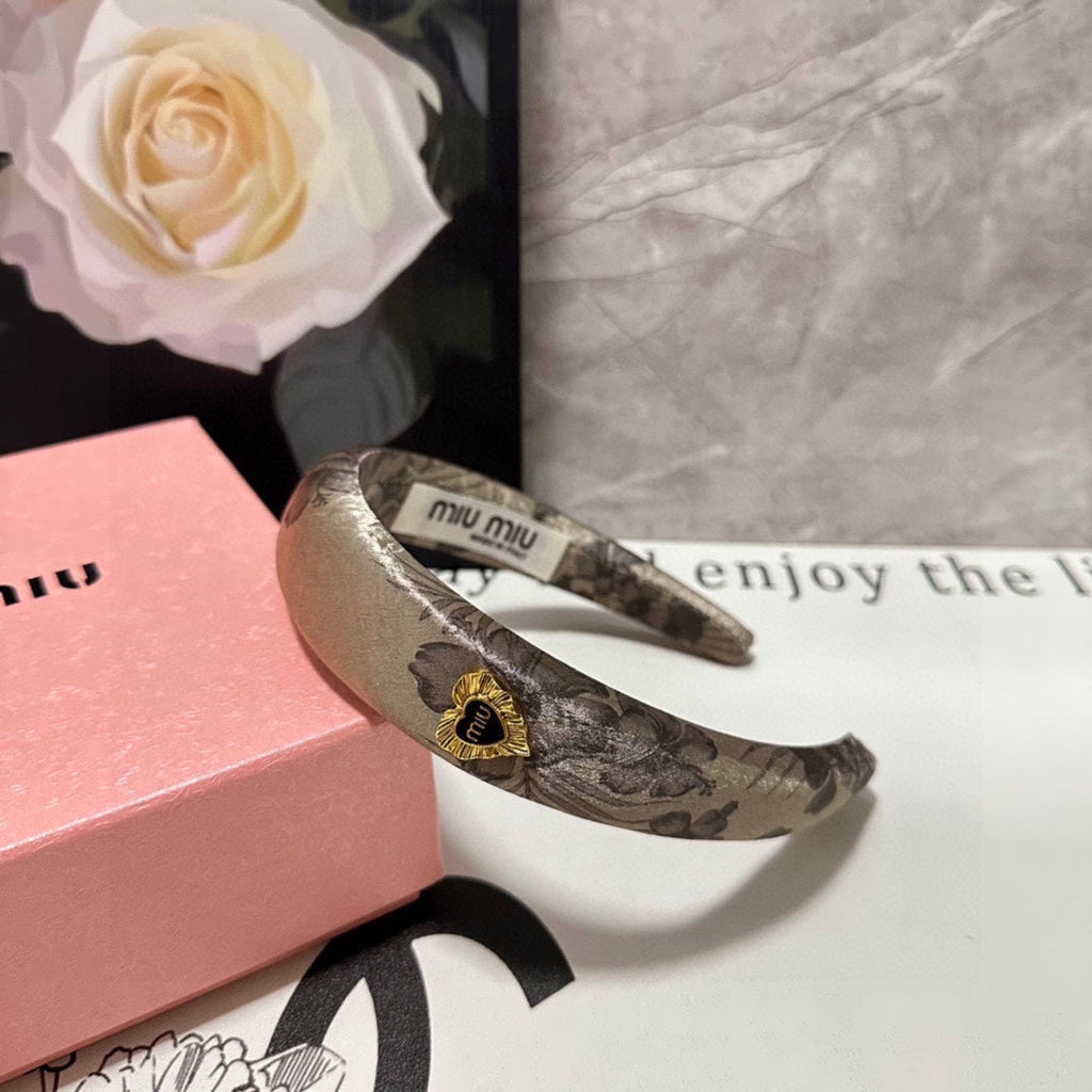 CHANEL SILK THICK HEADBAND DARK BEIGE FLOWER PRINT 239960