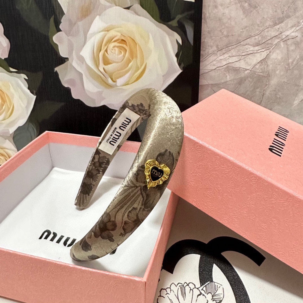 CHANEL SILK THICK HEADBAND DARK BEIGE FLOWER PRINT 239960