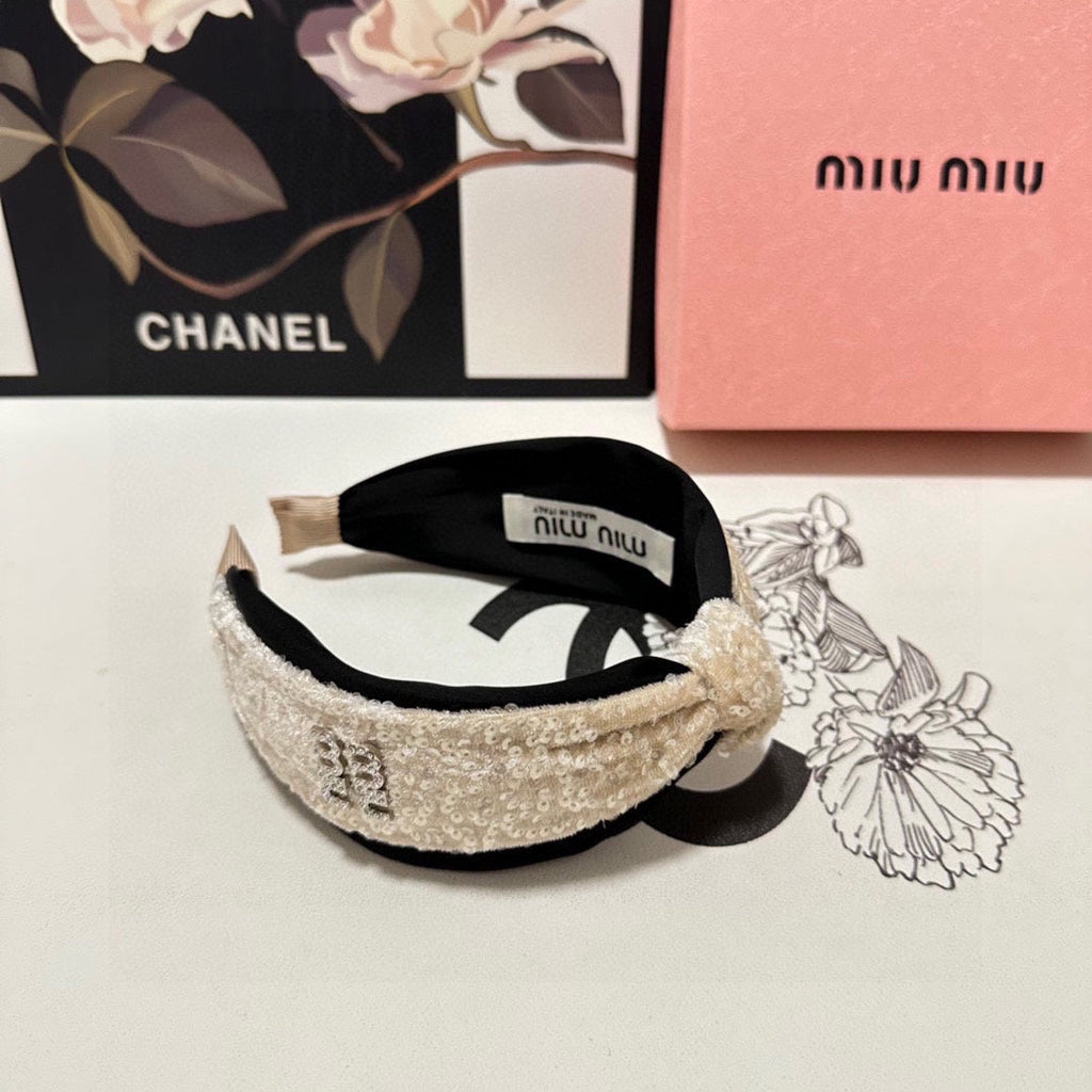 CHANEL HEADBAND IN BEIGE VELVET SEQUINS-EMBELLISHED 361160