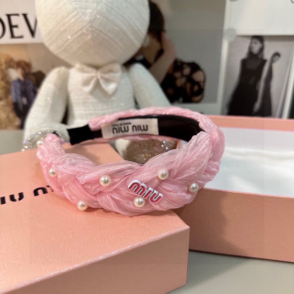 CHANEL HAIR BAND IN PINK CHIFFON PEARL-EMBELLISHED 395327