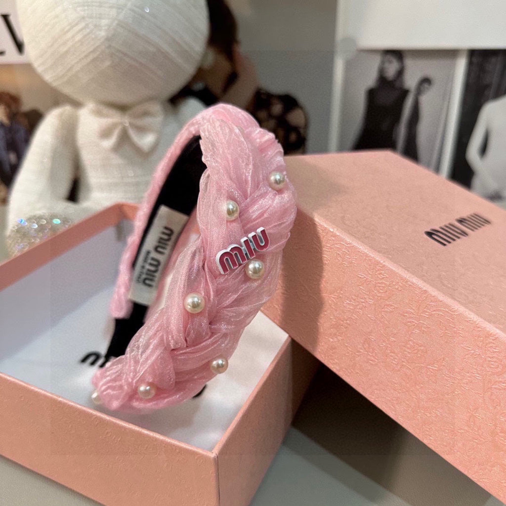CHANEL HAIR BAND IN PINK CHIFFON PEARL-EMBELLISHED 395327