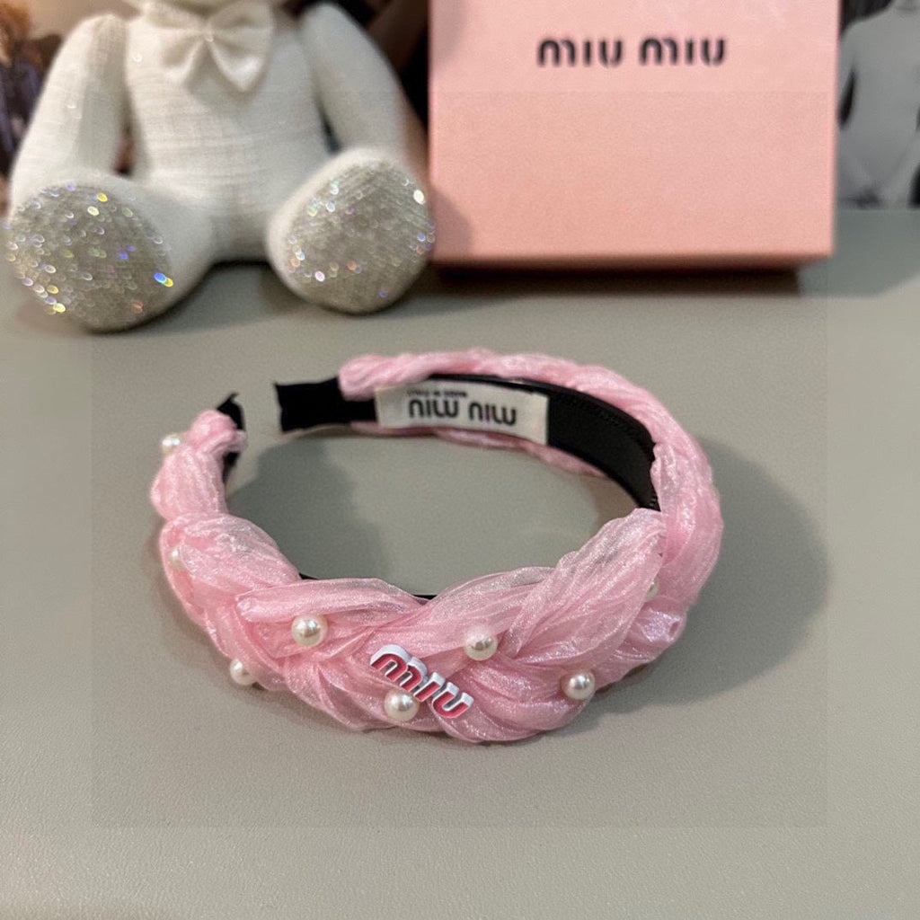 CHANEL HAIR BAND IN PINK CHIFFON PEARL-EMBELLISHED 395327