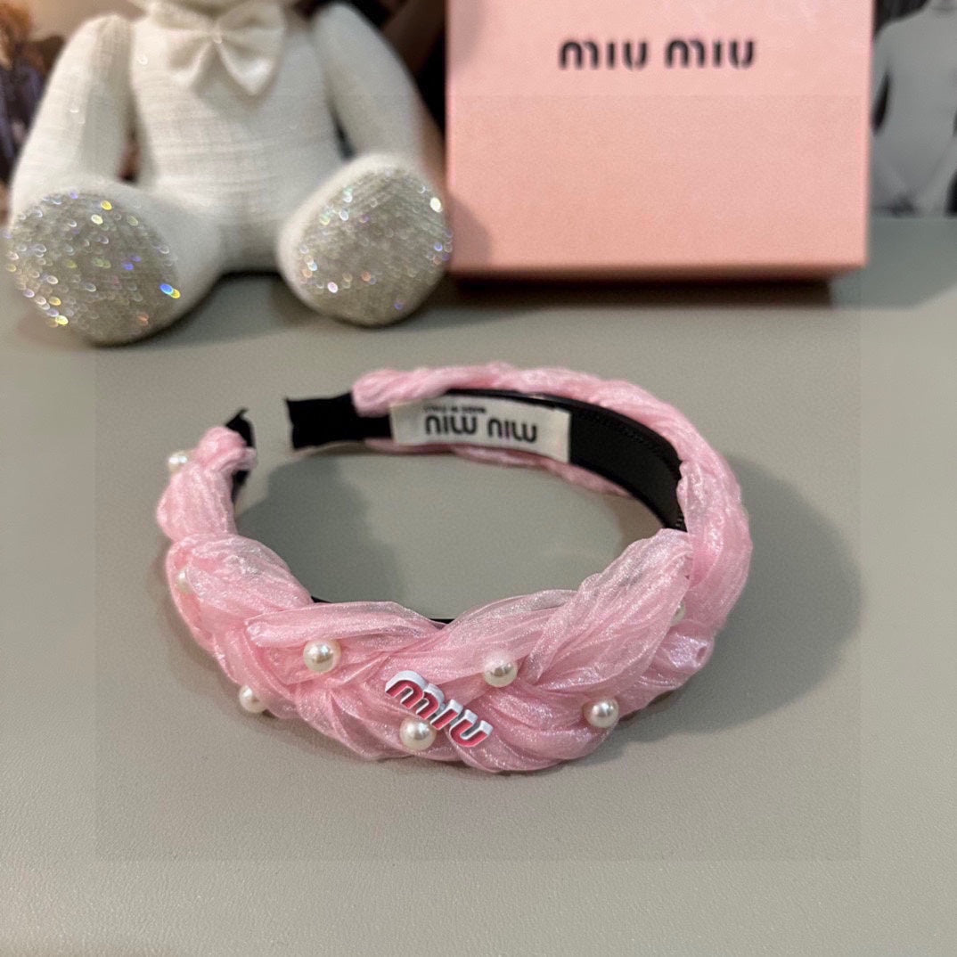 CHANEL HAIR BAND IN PINK CHIFFON PEARL-EMBELLISHED 395327
