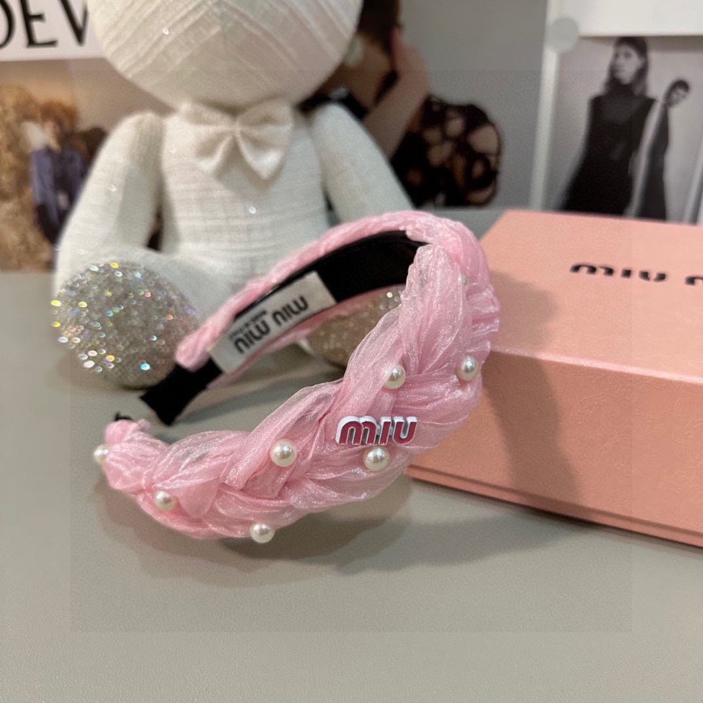 CHANEL HAIR BAND IN PINK CHIFFON PEARL-EMBELLISHED 395327