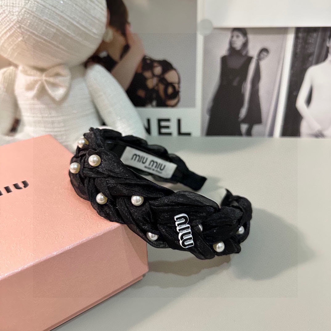 CHANEL HAIR BAND IN BLACK CHIFFON PEARL-EMBELLISHED 395328
