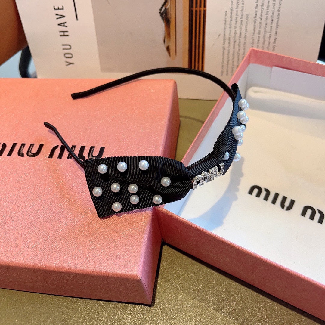 CHANEL HEADBAND WITH BOW IN BLACK COTTON ATTACHED PEARLS 406039