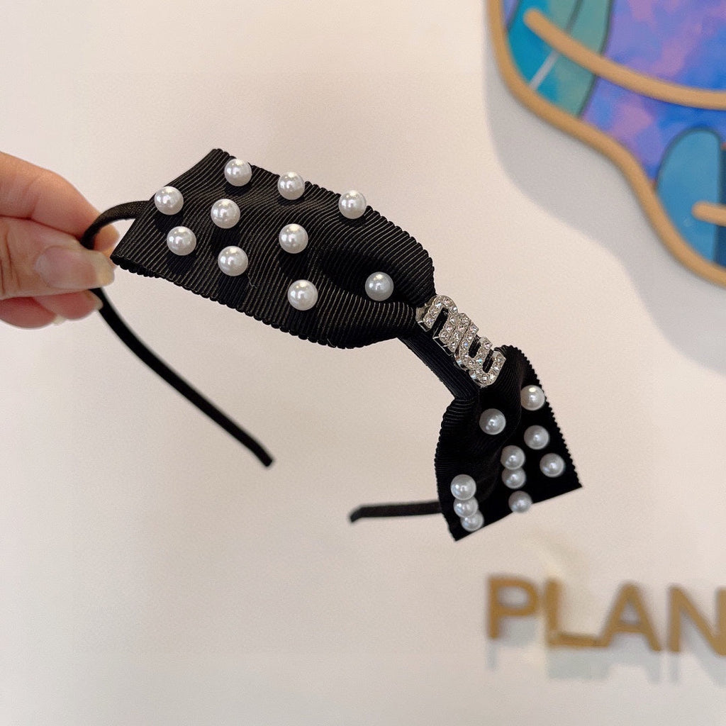 CHANEL HEADBAND WITH BOW IN BLACK COTTON ATTACHED PEARLS 406039