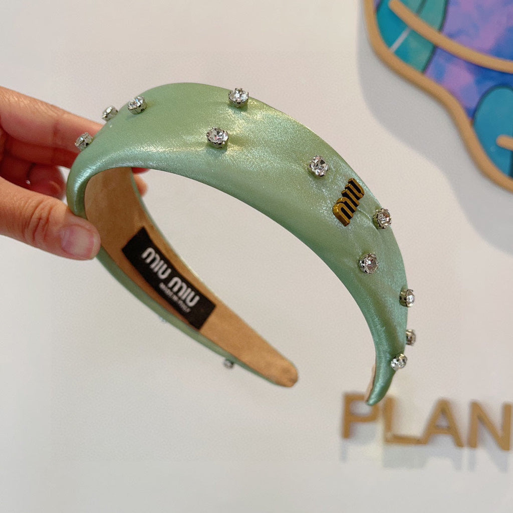 CHANEL THICK HEADBAND IN JADE GREEN SILK ATTACHED DIAMONDS 406043