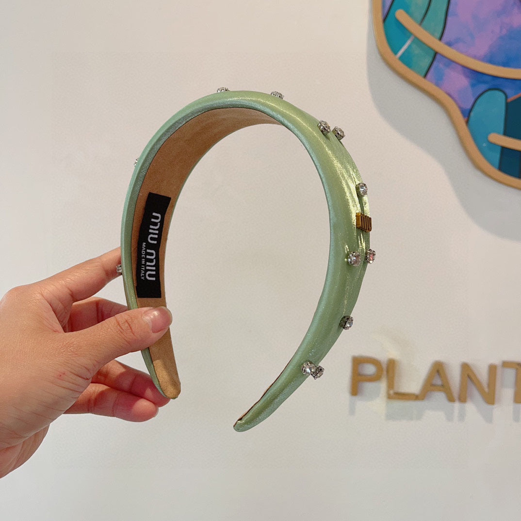 CHANEL THICK HEADBAND IN JADE GREEN SILK ATTACHED DIAMONDS 406043