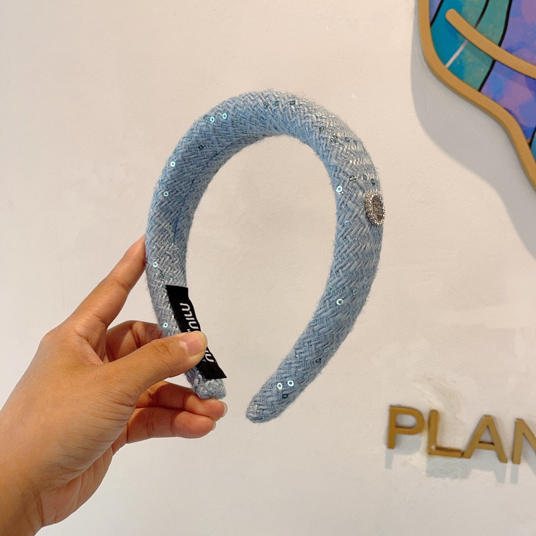 CHANEL THICK HEADBAND IN SKY BLUE TWEED EMBELLISHED SEQUINS 406044
