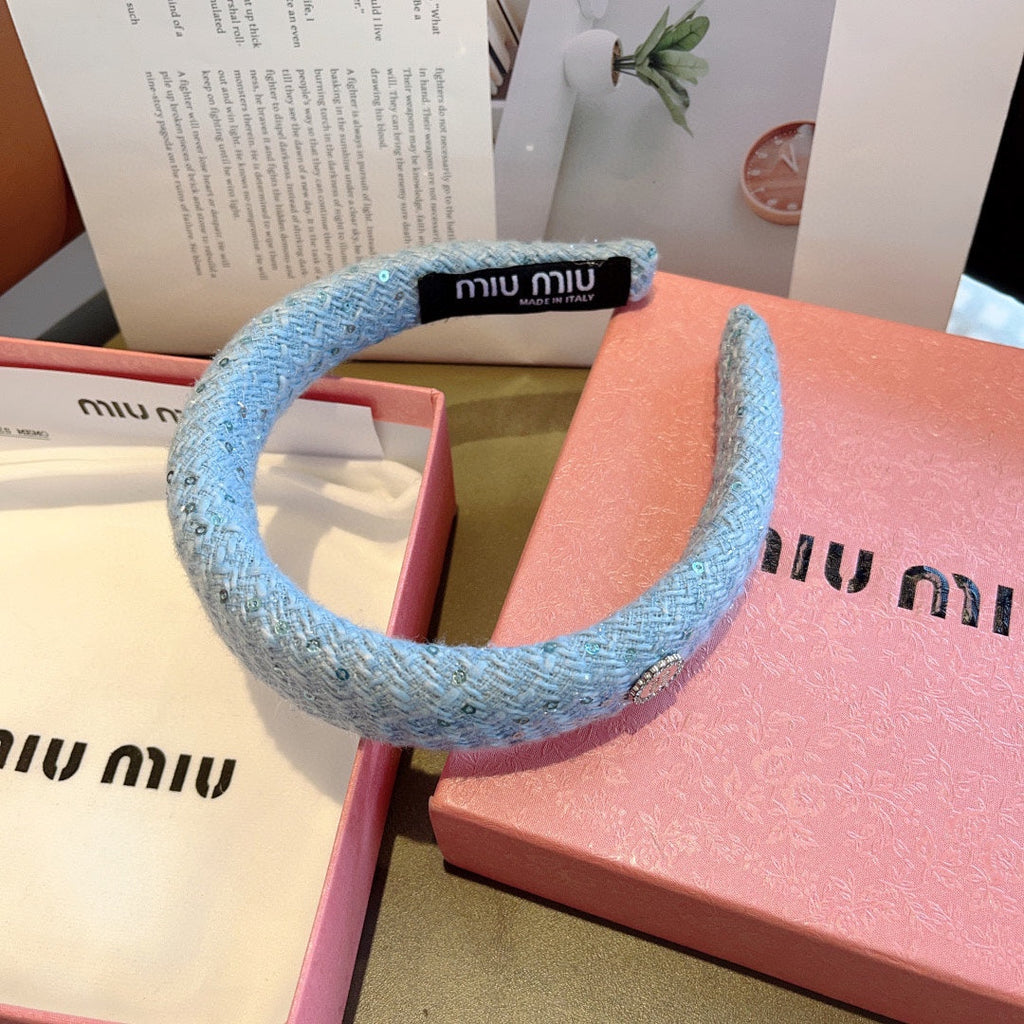 CHANEL THICK HEADBAND IN SKY BLUE TWEED EMBELLISHED SEQUINS 406044