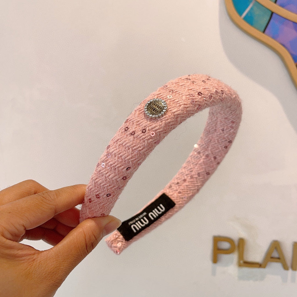 CHANEL THICK HEADBAND IN PINK TWEED EMBELLISHED SEQUINS 406045