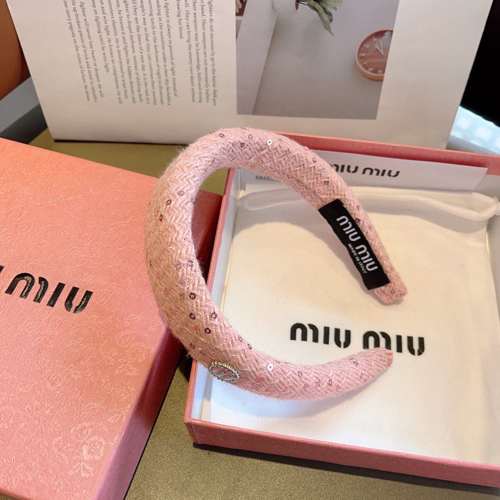 CHANEL THICK HEADBAND IN PINK TWEED EMBELLISHED SEQUINS 406045