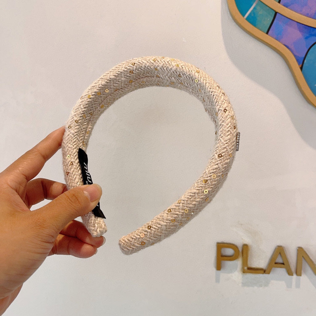 CHANEL THICK HEADBAND IN WHITE TWEED EMBELLISHED SEQUINS 406046