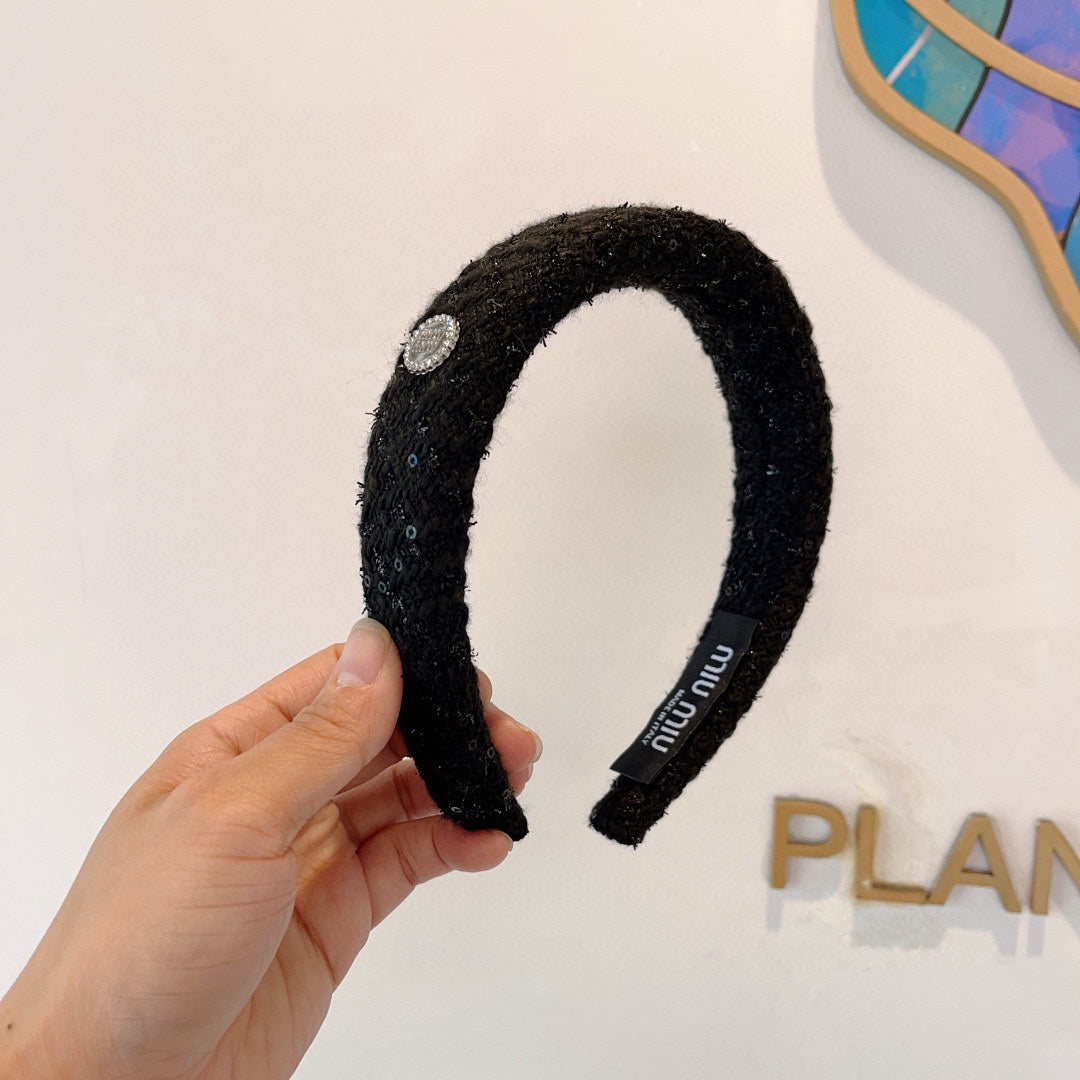 CHANEL THICK HEADBAND IN BLACK TWEED EMBELLISHED SEQUINS 406047