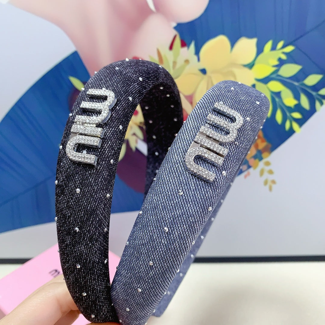 CHANEL DENIM HEADBAND PIGEON BLUE WITH CRYSTALS 164215